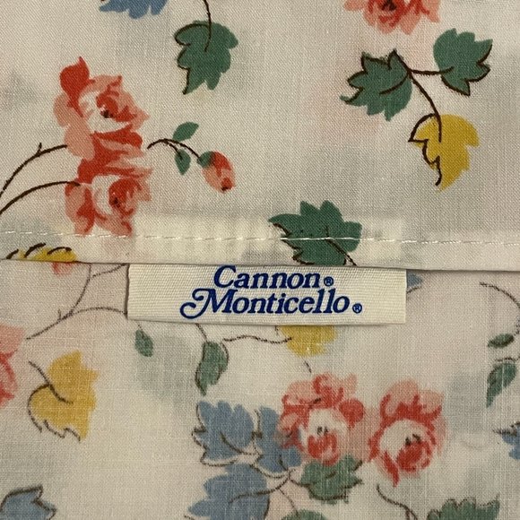 Vintage Cannon Monticello Flat Sheet Blue Pink Yellow Floral Linen Retro Classic - Picture 4 of 6